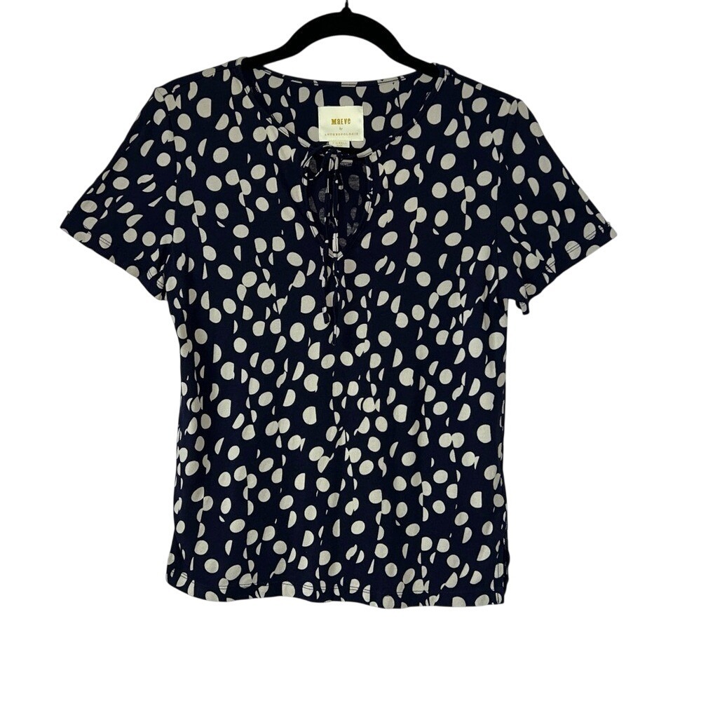 Anthropologie Maeve Navy Blue & White Polka Dot Cotton Modal Short Sleeve Top XS